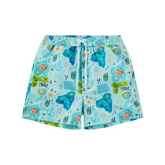 UPF 50+ Boy's Beach Shorts Boys Swim Trunks-Green Shark