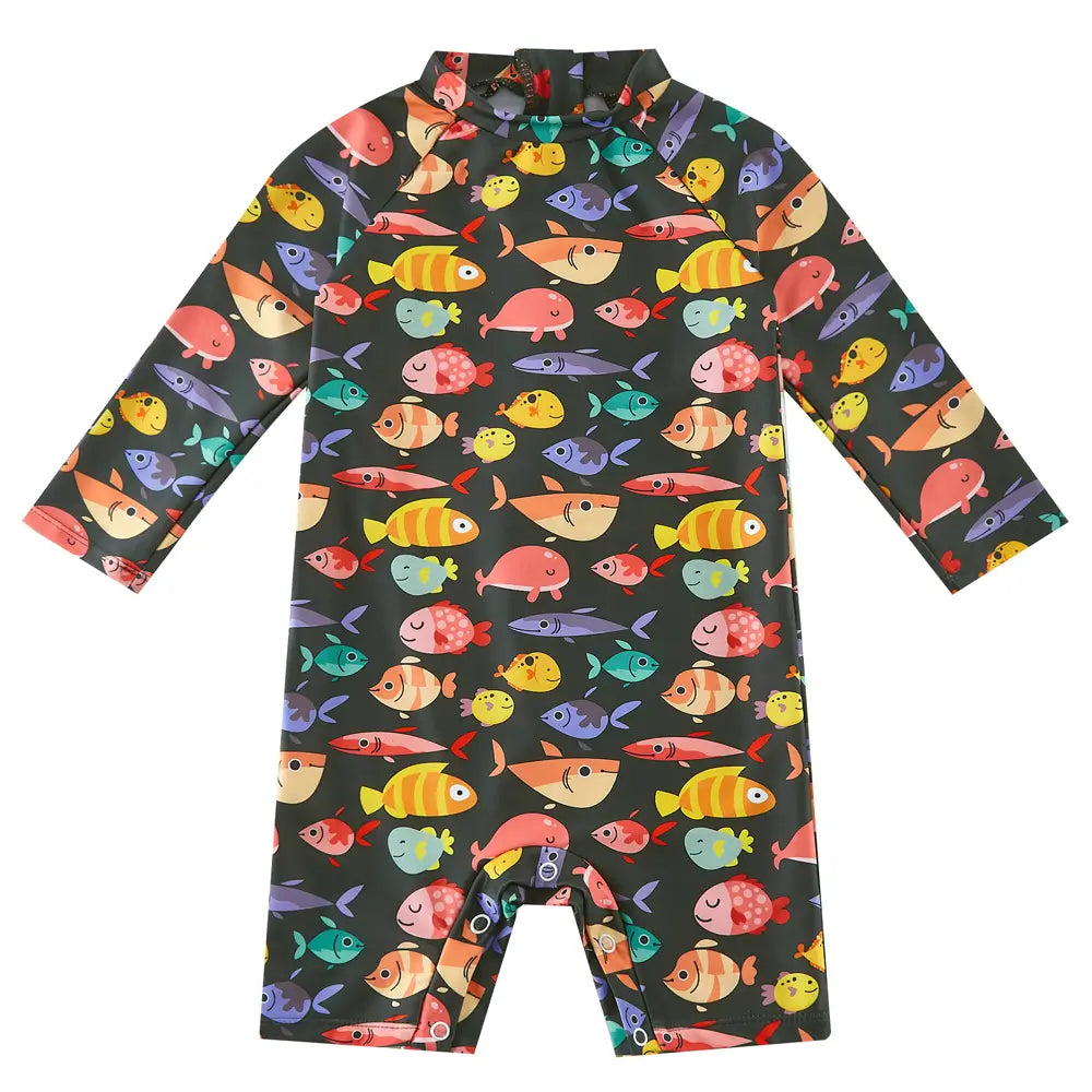 Toddler Boy One Piece Swimwear UPF 50+ Sunsuit with Snap-Colorful Fish