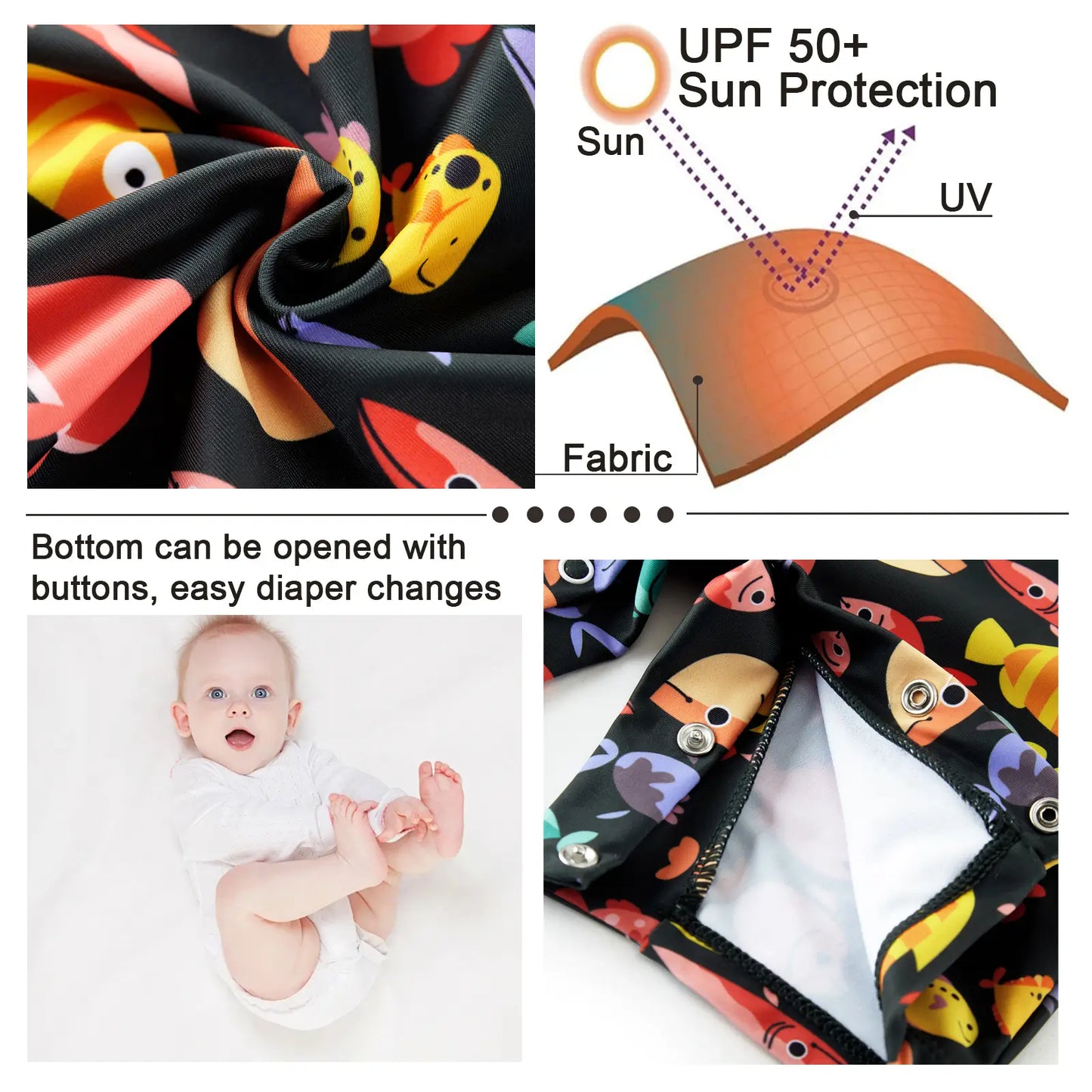 Toddler Boy One Piece Swimwear UPF 50+ Sunsuit with Snap-Colorful Fish