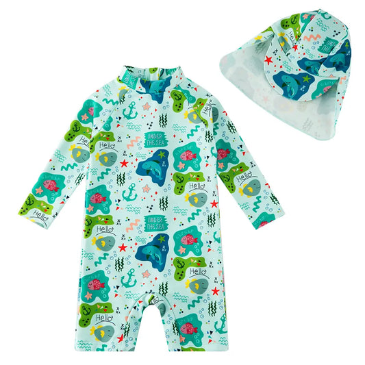 UPF 50+ Baby Boy Swimsuit One-piece Sunsuit with Hat-Green Shark