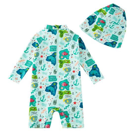 UPF 50+ Baby Boy Swimsuit One-piece Sunsuit with Hat-Green Shark