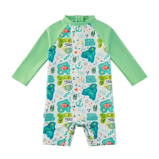 UPF 50+ Baby Boy One Piece Swimsuit Snap Sunsuit-Green Shark