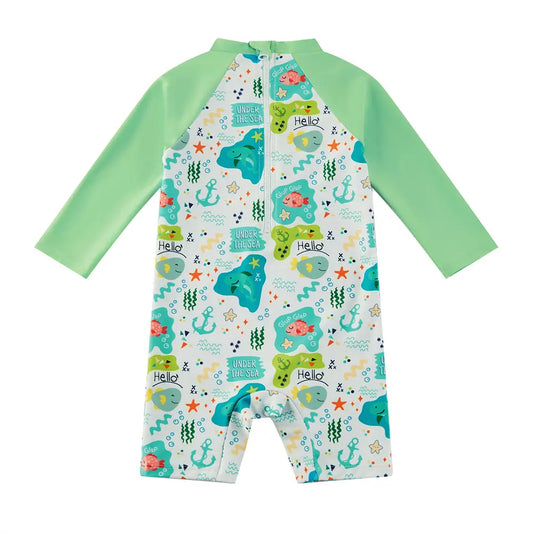 UPF 50+ Baby Boy One Piece Swimsuit Snap Sunsuit-Green Shark