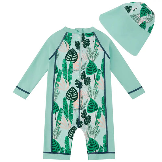 UPF 50+ Baby Boy's Swimwear with Sun Hat-Green Leaves