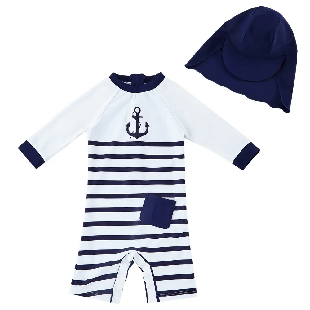 UPF 50+ Toddler Boys One-piece with Sun Hat-Navy Anchor