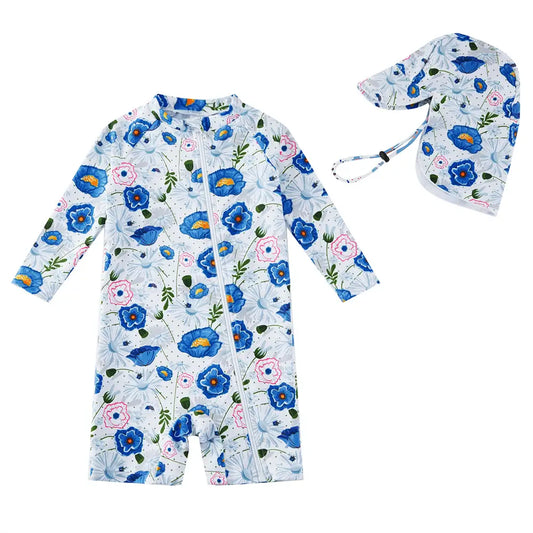 UPF 50+ Recycled Baby Girl Full Zip Swimwear with Hat-Blue Flower