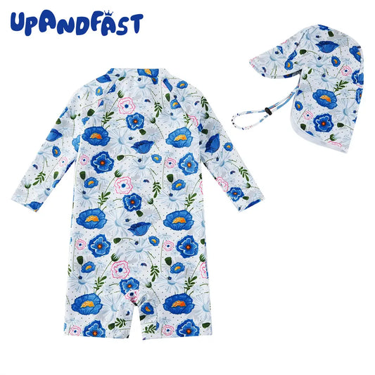 UPF 50+ Recycled Baby Girl Full Zip Swimwear with Hat-Blue Flower