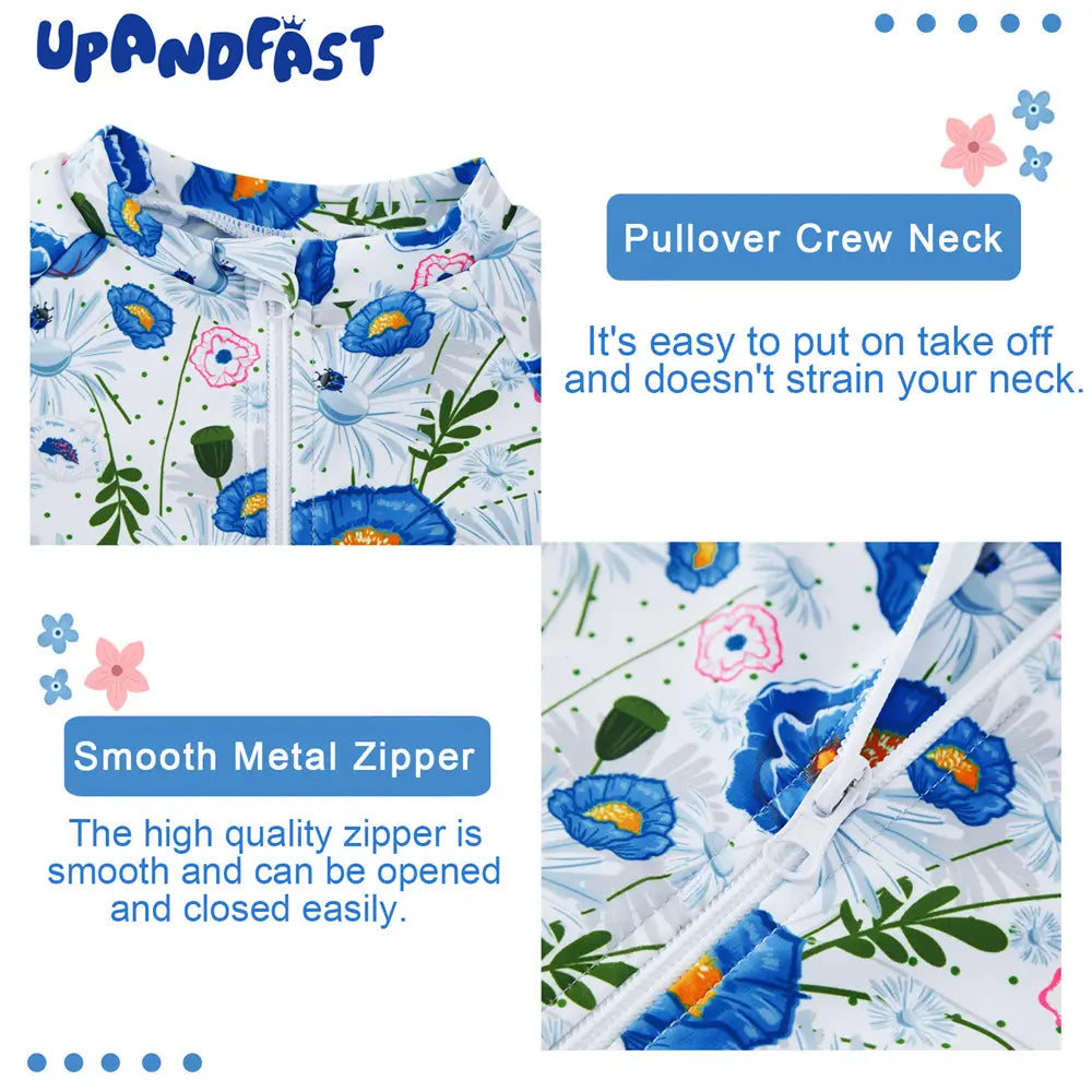 UPF 50+ Recycled Baby Girl Full Zip Swimwear with Hat-Blue Flower