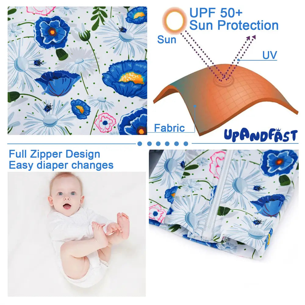 UPF 50+ Recycled Baby Girl Full Zip Swimwear with Hat-Blue Flower