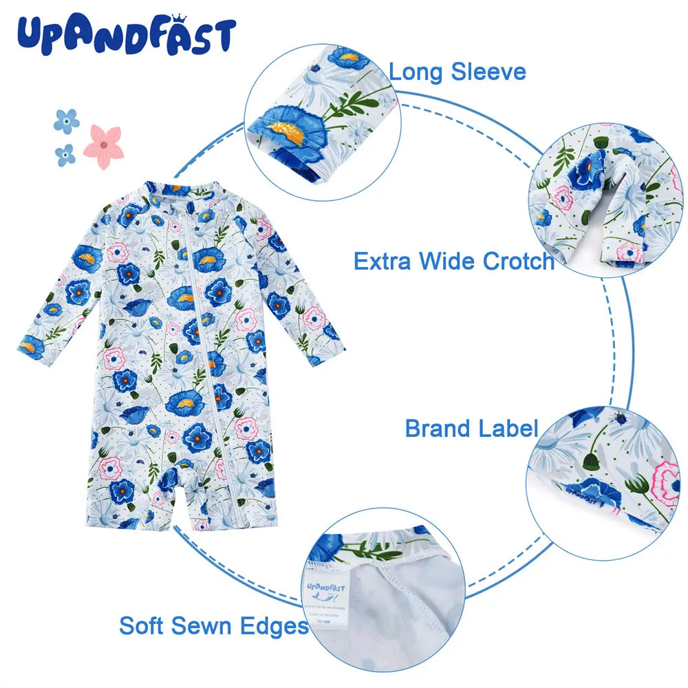 UPF 50+ Recycled Baby Girl Full Zip Swimwear with Hat-Blue Flower