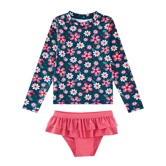 UPF 50+ Toddler Girl Rash Guard Set Sunsuit-Navy Flower