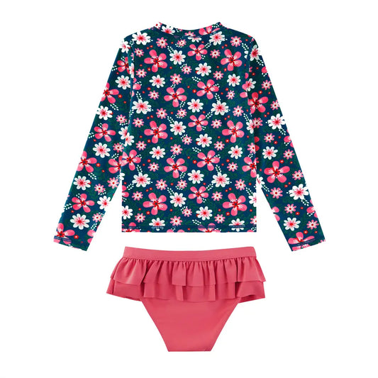 UPF 50+ Toddler Girl Rash Guard Set Sunsuit-Navy Flower