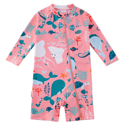 UPF 50+ Baby Girl Swimsuit Full Zipper Sunsuit-Pink Whale