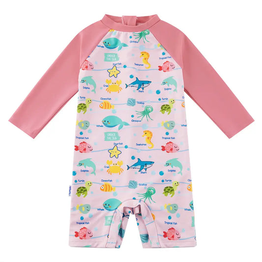 UPF 50+ Baby Girl One Piece Swimsuit with Snap-Ocean Animal