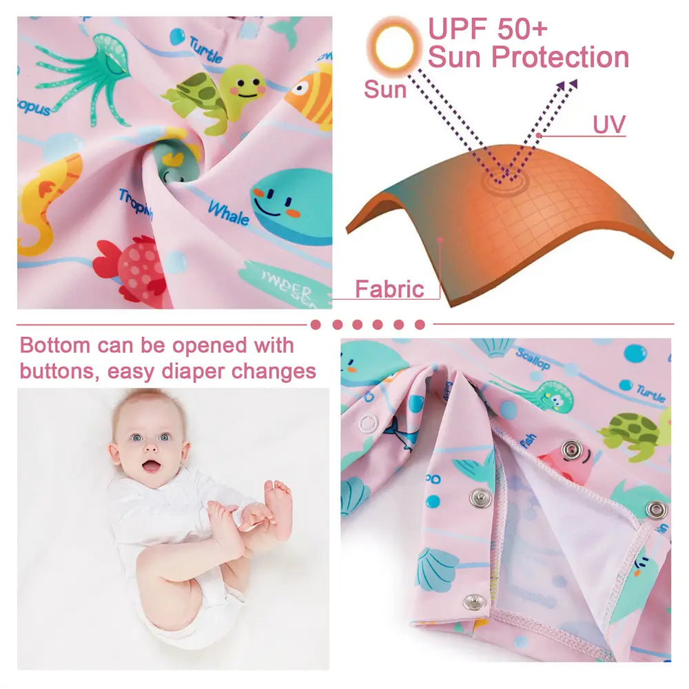 UPF 50+ Baby Girl One Piece Swimsuit with Snap-Ocean Animal