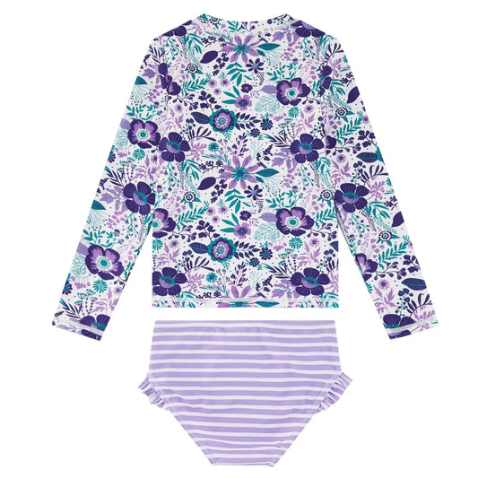 Toddler Girl Swimwear with UPF 50+ Girl Rash Guard Set-Purple Flower