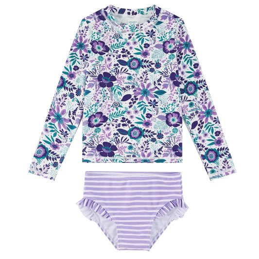 Toddler Girl Swimwear with UPF 50+ Girl Rash Guard Set-Purple Flower