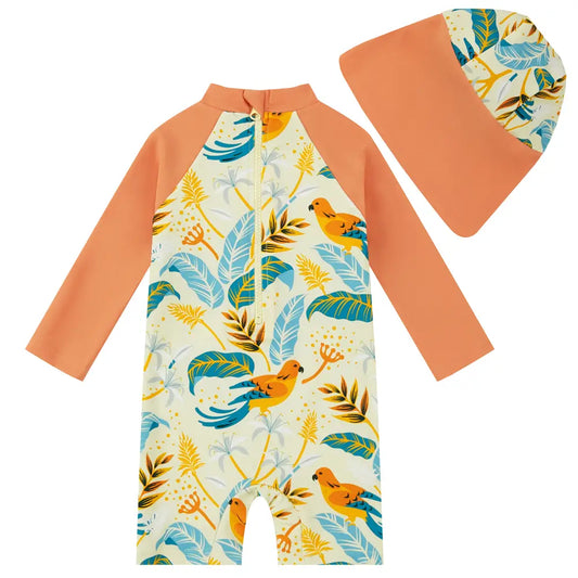 UPF 50+ Baby Girls Swimsuit with Sun Hat-Bird & Flower