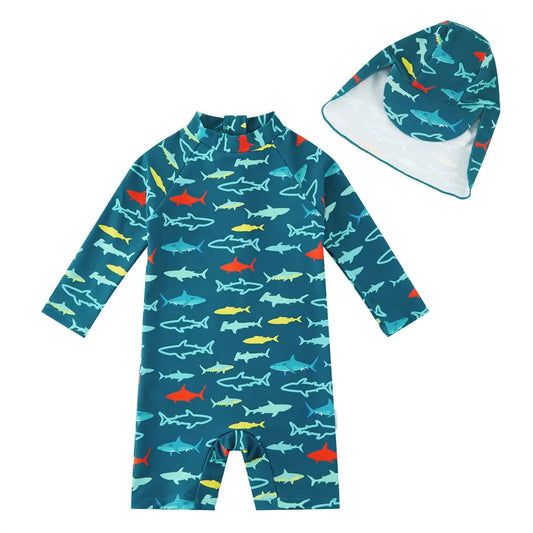 UPF 50+Baby Boy One-piece Swimwear with Hat -Peacock Blue Shark