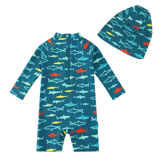 UPF 50+Baby Boy One-piece Swimwear with Hat -Peacock Blue Shark