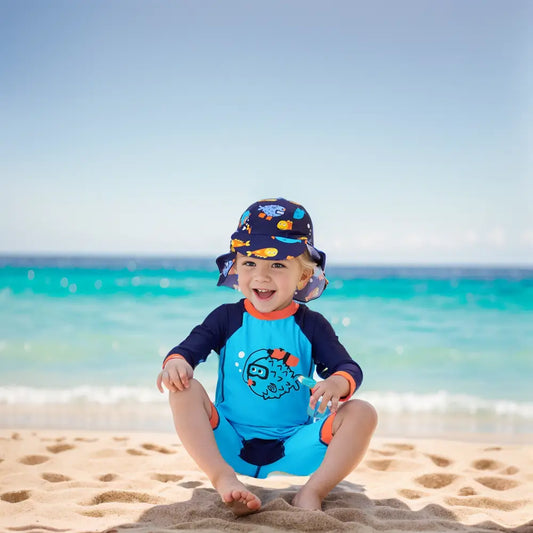 UPF 50+ Baby Boy One Piece Swimsuit with Hat-Blue Fish