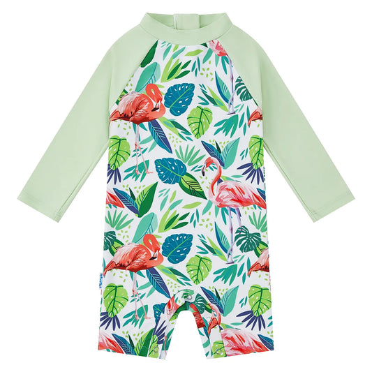 UPF 50+ Baby Boy Swimsuit with Snap-Green Flamingos
