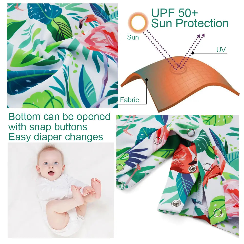 UPF 50+ Baby Boy Swimsuit with Snap-Green Flamingos