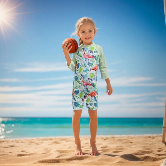 UPF 50+ Baby Boy Swimsuit with Snap-Green Flamingos