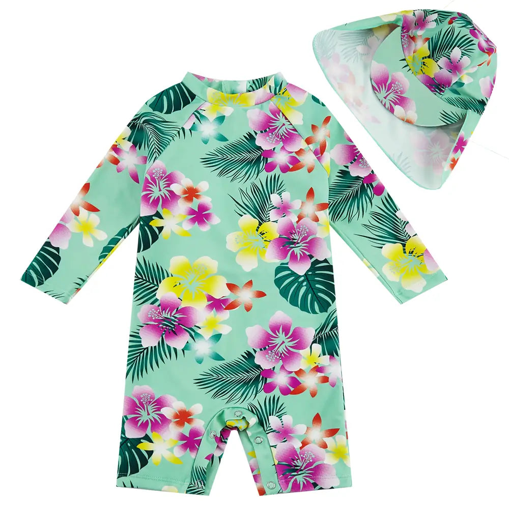 UPF 50+ Baby Girl Swimsuit with Sun Hat & Snap-Green Flower