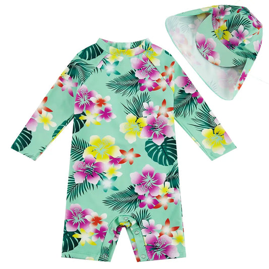 UPF 50+ Baby Girl Swimsuit with Sun Hat & Snap-Green Flower