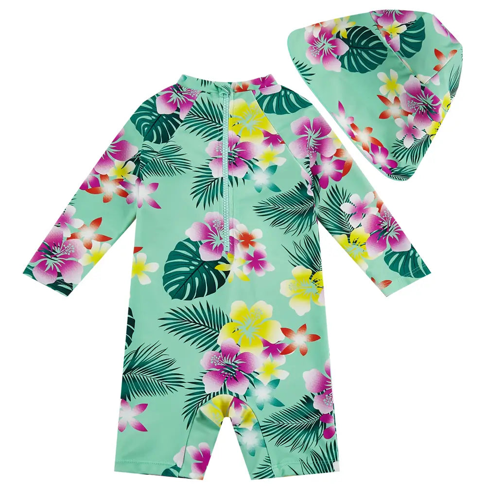 UPF 50+ Baby Girl Swimsuit with Sun Hat & Snap-Green Flower