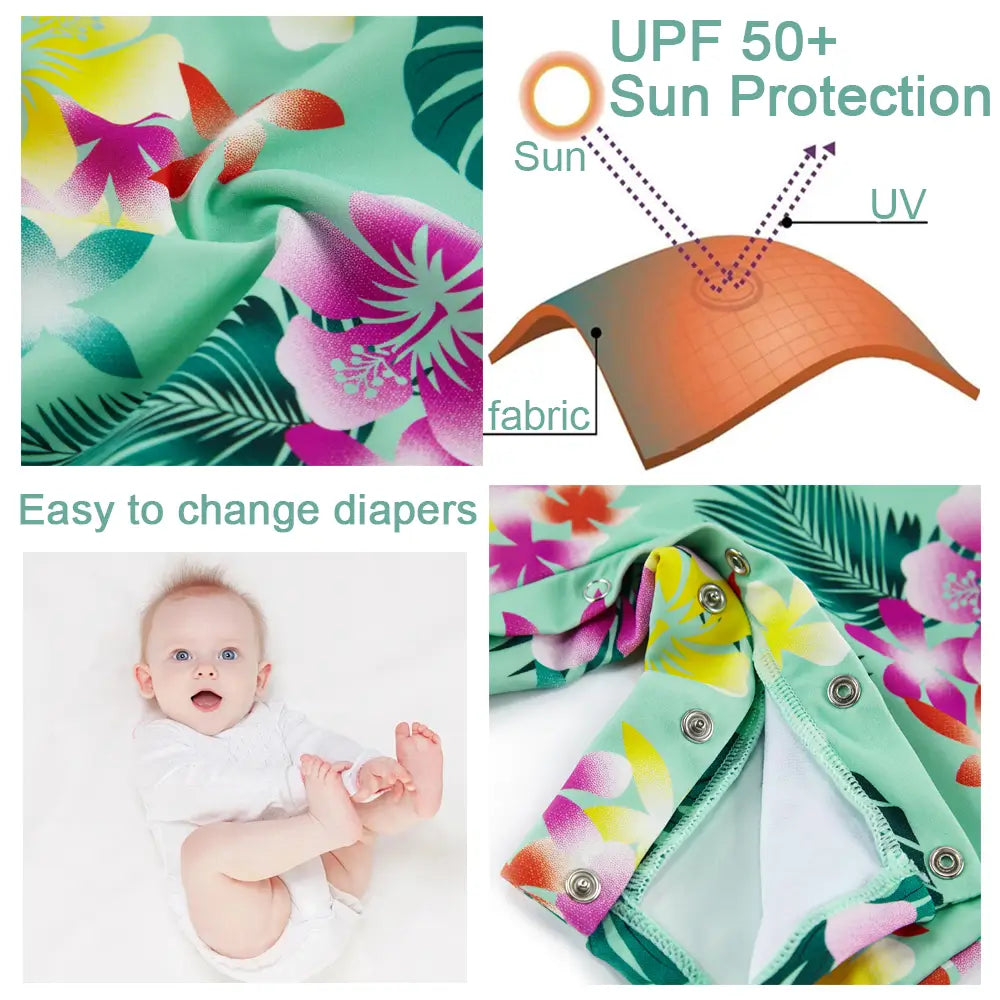 UPF 50+ Baby Girl Swimsuit with Sun Hat & Snap-Green Flower