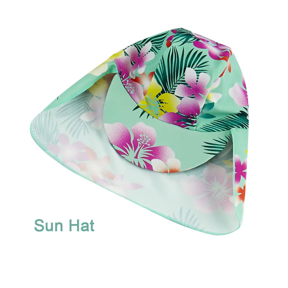 UPF 50+ Baby Girl Swimsuit with Sun Hat & Snap-Green Flower