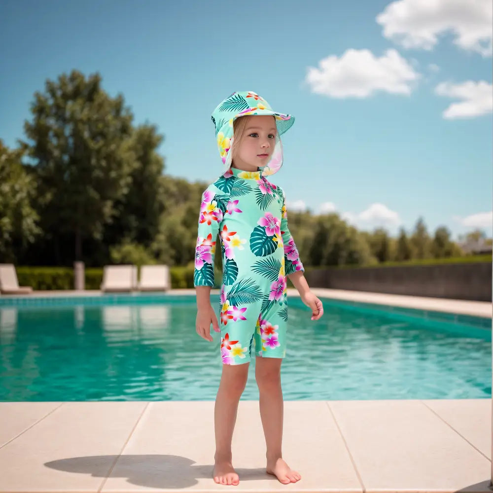 UPF 50+ Baby Girl Swimsuit with Sun Hat & Snap-Green Flower