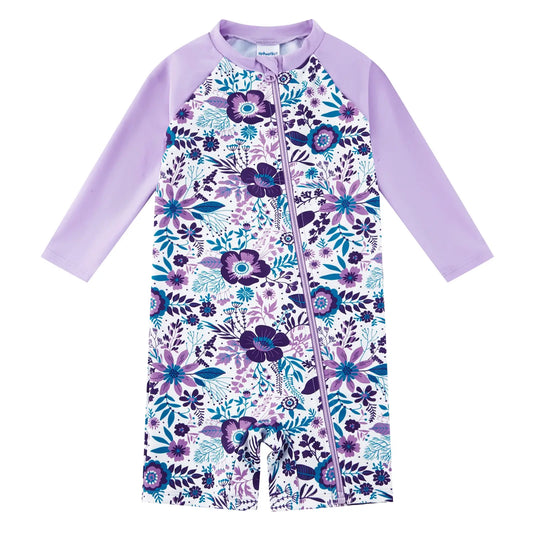 UPF 50+ Baby Girl Full Zip Sunsuit One Piece Swimsuit-Purple Flower