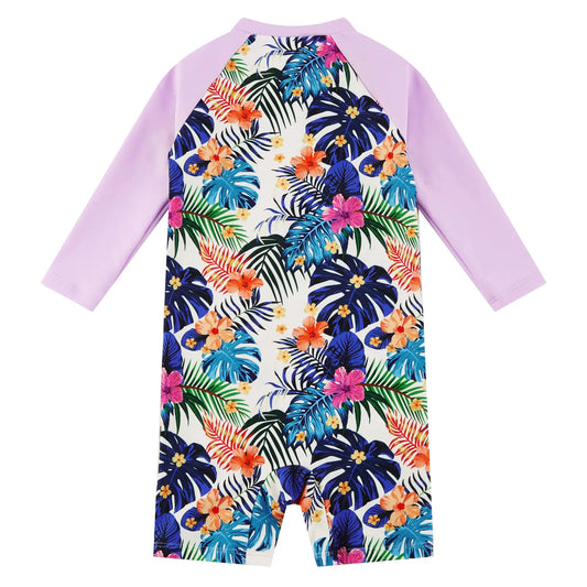 UPF 50+ Baby Girl Swimsuit Full Zipper Sunsuit-Purple Leaves