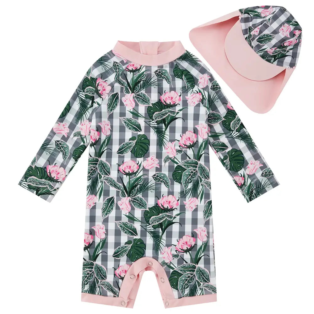 UPF 50+ Baby Girl Snap Swimsuit with Sun Hat-Pink Flower