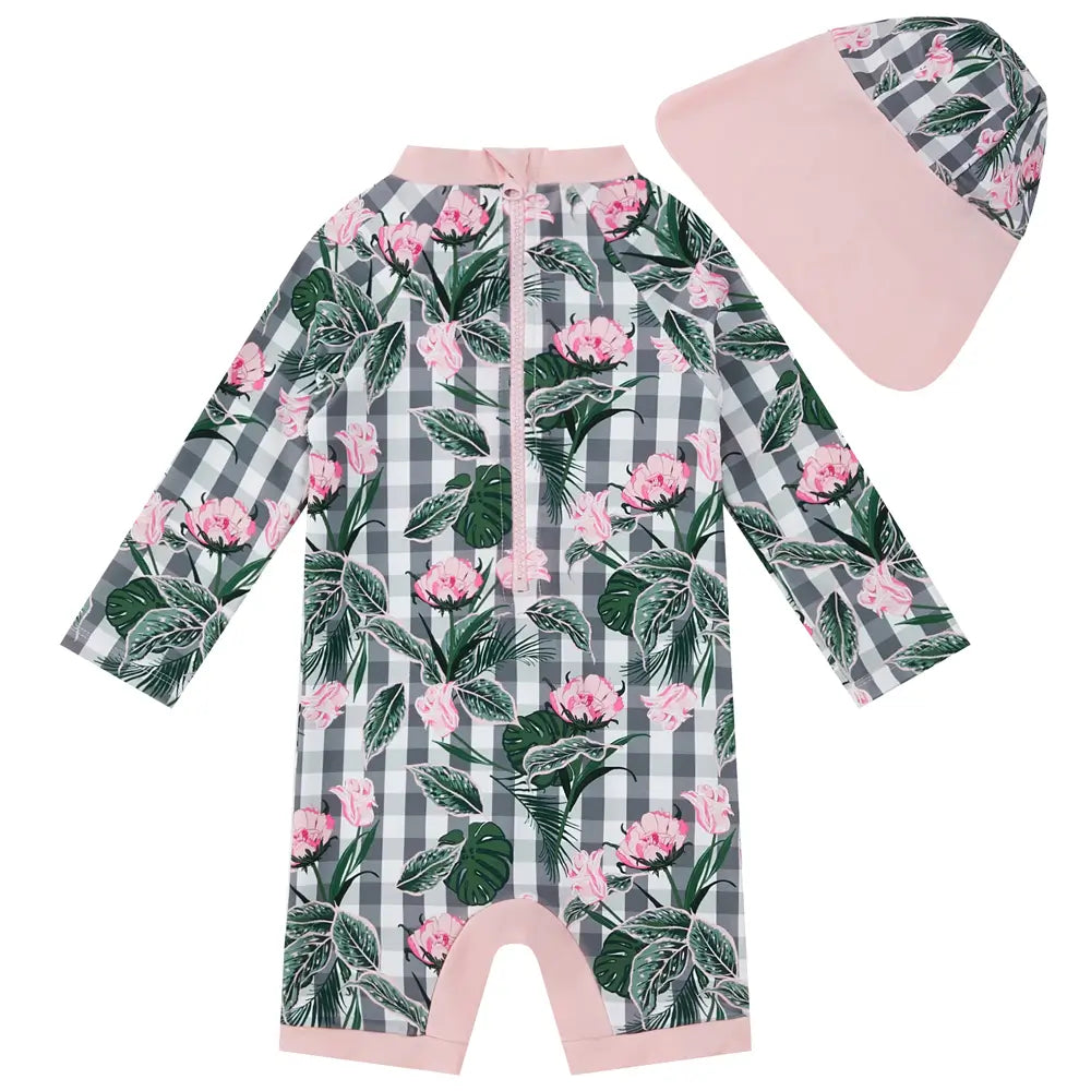 UPF 50+ Baby Girl Snap Swimsuit with Sun Hat-Pink Flower