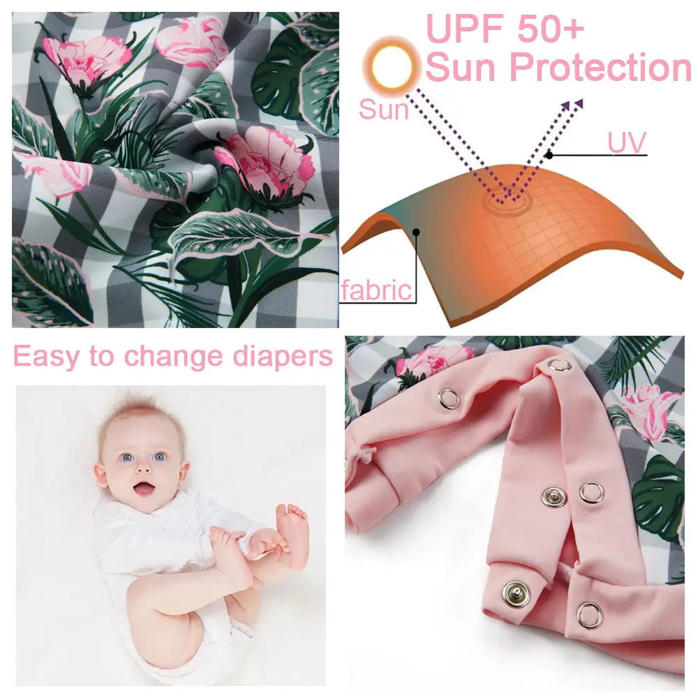 UPF 50+ Baby Girl Snap Swimsuit with Sun Hat-Pink Flower