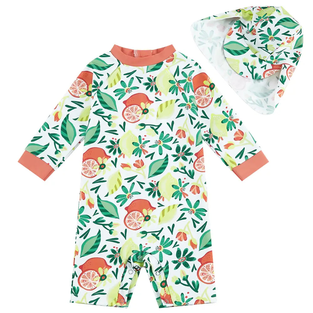 UPF 50+ Baby Girl Swimwear with Snap & Sun Hat-Green Lemon