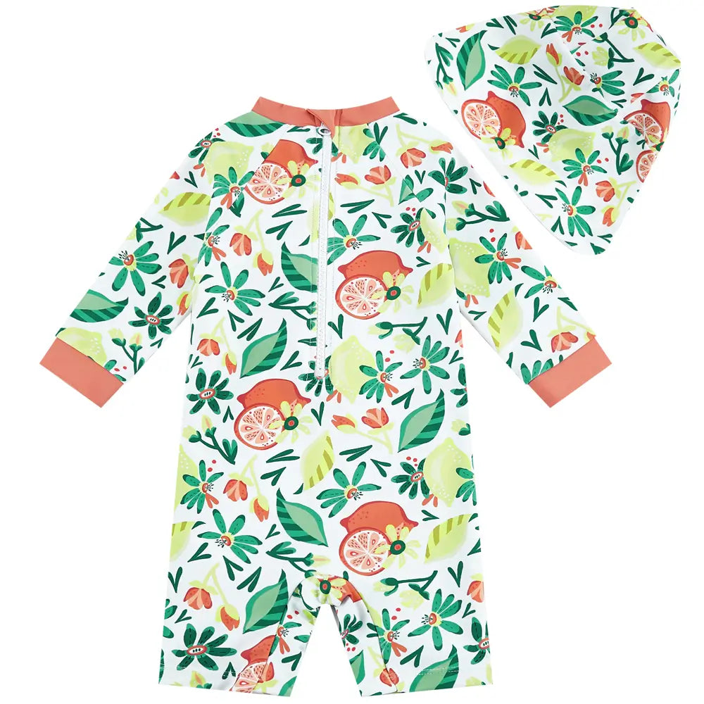 UPF 50+ Baby Girl Swimwear with Snap & Sun Hat-Green Lemon