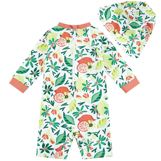 UPF 50+ Baby Girl Swimwear with Snap & Sun Hat-Green Lemon