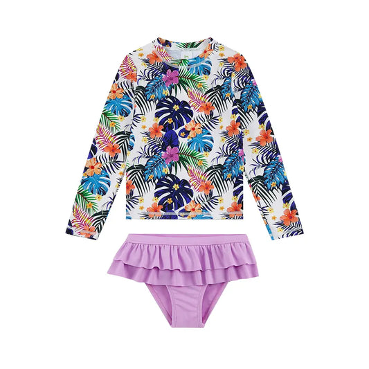 Girl Split Swimsuit UPF 50+ Kid Rash Guard Set-Purple Flower