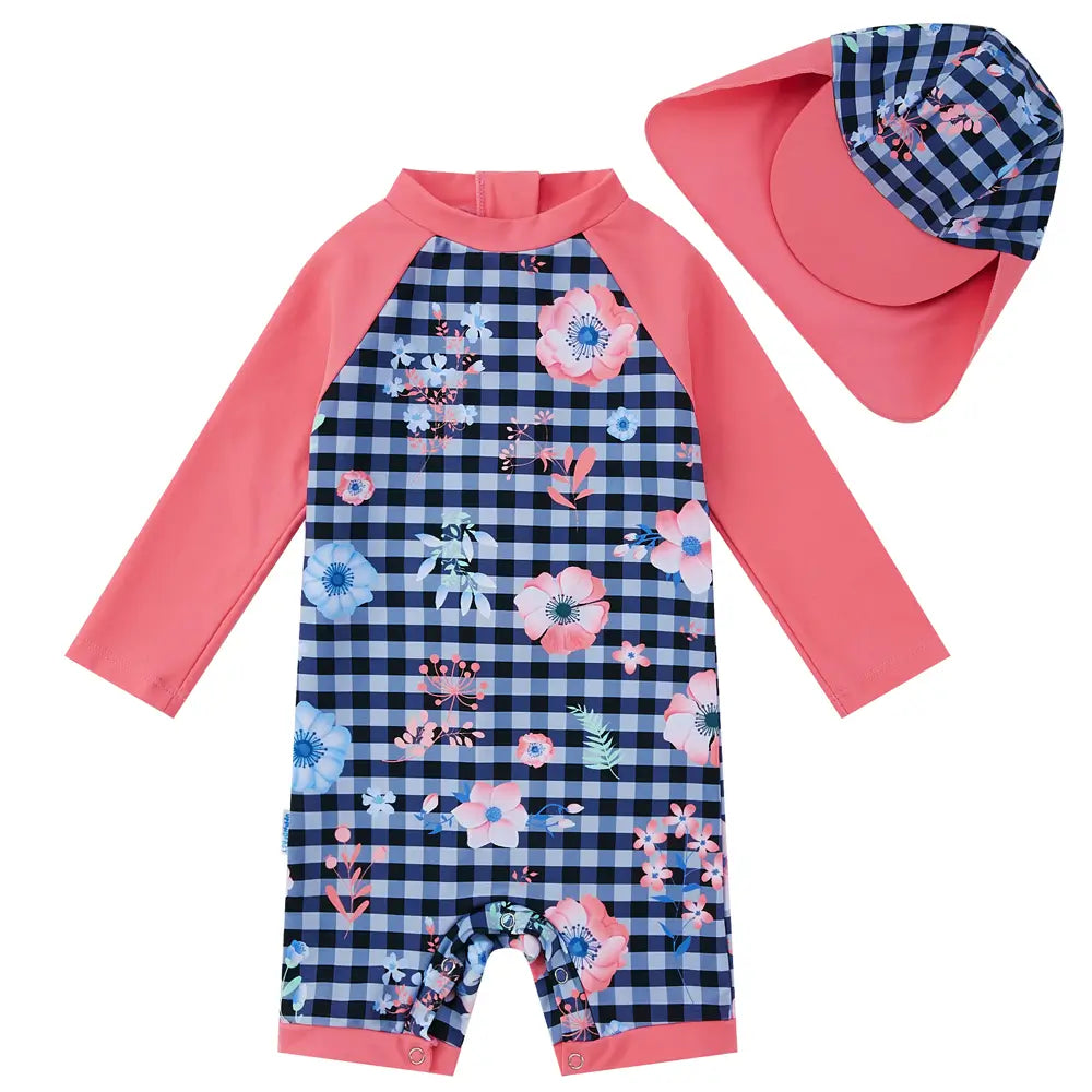 UPF 50+ Baby Girl Snap Swimwear with Sun Hat-Pink Plaid