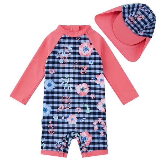 UPF 50+ Baby Girl Snap Swimwear with Sun Hat-Pink Plaid