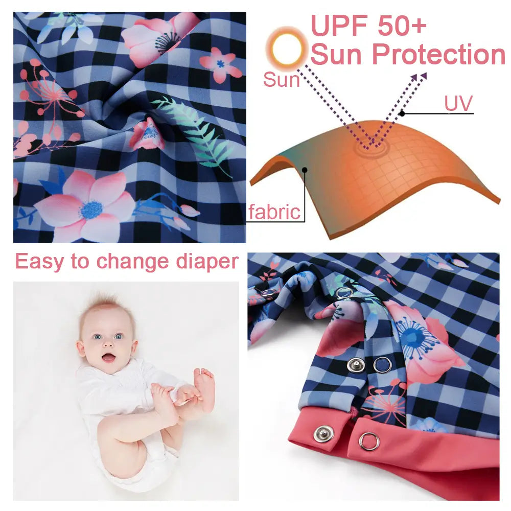 UPF 50+ Baby Girl Snap Swimwear with Sun Hat-Pink Plaid