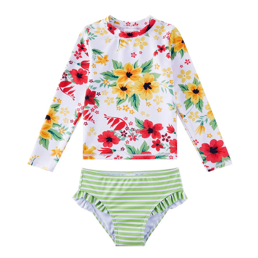 Kids Girl Swimsuit with Bikini Bottom UPF 50+ Rash Guard Set-Red Flower