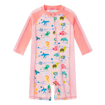UPF 50+ Baby Girl Rash Guard Swimsuit with Full Zipper|Pink Marine Life