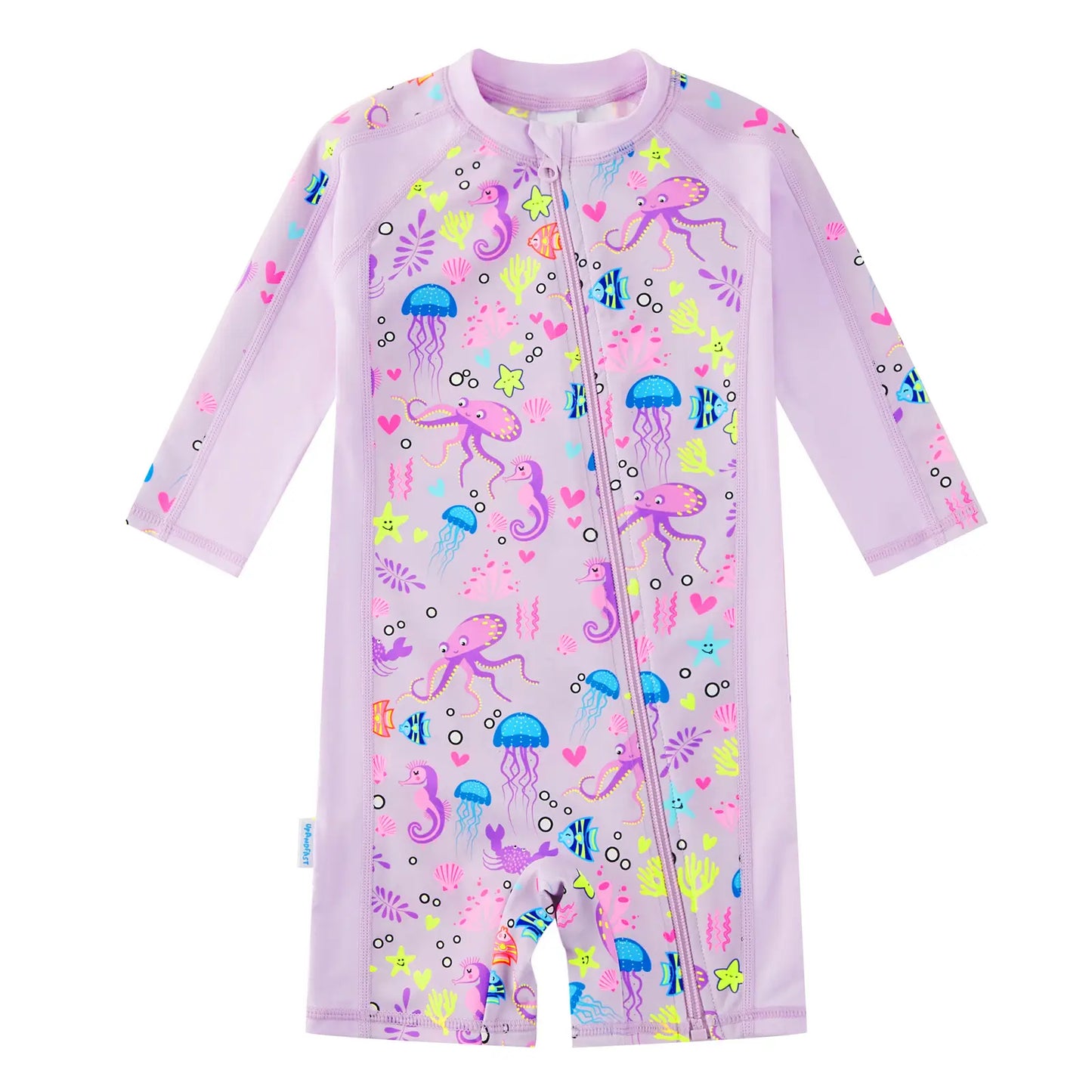 Baby Girls One Piece Swimsuit with UPF 50+ Full Zipper | Purple Octopus