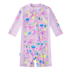 Baby Girls One Piece Swimsuit with UPF 50+ Full Zipper | Purple Octopus